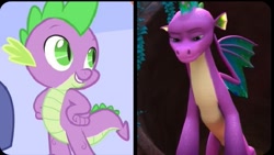 Size: 577x325 | Tagged: safe, edit, edited screencap, screencap, spike, dragon, g4, g5, my little pony: make your mark, my little pony: make your mark chapter 6, the isle of scaly, spoiler:g5, spoiler:my little pony: make your mark chapter 6, spoiler:mymc06e01, adult, child, comparison, foal, hand on hip, older, older spike, solo, spike (g5), the isle of scaly (location)