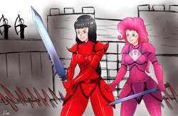 Size: 3327x2178 | Tagged: safe, artist:film77asq, pinkie pie, oc, human, fanfic:equestria girls n' goblins, equestria girls, g4, armor, armor skirt, black hair, clothes, cutie mark on clothes, duo, duo female, female, fierce, ghosts and goblins, heart, high res, human coloration, humanized, knight, non-mlp oc, pink hair, skirt, smiling, sword, weapon