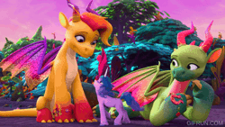 Size: 600x338 | Tagged: safe, screencap, izzy moonbow, leaf (g5), luxxe, dragon, pony, unicorn, g5, my little pony: make your mark, my little pony: make your mark chapter 6, official, the isle of scaly, spoiler:g5, spoiler:my little pony: make your mark chapter 6, spoiler:mymc06e01, animated, dragoness, female, mare, the isle of scaly (location)