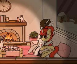Size: 2048x1706 | Tagged: safe, artist:taoyvfei, oc, oc:taoyvfei, pony, unicorn, bolster, book, candle, candy, china, clock, coffee, couch, cupcake, curved horn, fireplace, food, horn, jar, knife, photo, pixel art, plant, snow, tart, unicorn oc, window