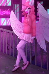 Size: 2326x3488 | Tagged: safe, artist:elektra-gertly, oc, oc only, oc:ellie berryheart, pegasus, anthro, black eyeshadow, bridge, bubblegum, city, clothes, cute, eyeshadow, female, food, green eyes, gum, headphones, high res, hoodie, large wings, long ears, long eyelashes, love, makeup, miniskirt, music, neon, night, ocbetes, shoes, skirt, sneakers, solo, wings