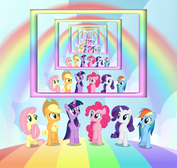 Size: 600x570 | Tagged: artist needed, safe, applejack, fluttershy, pinkie pie, rainbow dash, rarity, twilight sparkle, alicorn, pony, all bottled up, g4, my little pony: friendship is magic, best friends until the end of time, droste effect, female, mane six, mare, rainbow, recursion, twilight sparkle (alicorn)