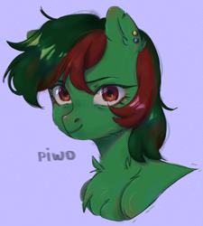 Size: 1787x1983 | Tagged: safe, artist:piwo, oc, oc only, earth pony, pony, bust, colored, cute, ear piercing, earring, eyelashes, fluffy, gift art, green hair, green skin, jewelry, looking at you, piercing, portrait, red eyes, red hair, simple background, smiling, smiling at you, torn ear