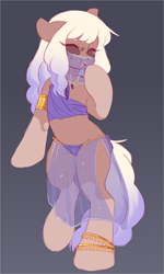 Size: 3356x5594 | Tagged: safe, artist:cheekipone, oc, oc only, oc:poppy sprout, earth pony, pony, semi-anthro, belly dancer, belly dancer outfit, bipedal, bracelet, clothes, coat markings, cute, female, gradient background, jewelry, mare, panties, socks (coat markings), solo, underwear, veil