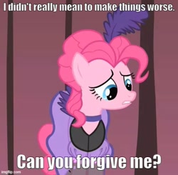 Size: 510x500 | Tagged: safe, edit, edited screencap, screencap, pinkie pie, earth pony, pony, g4, over a barrel, bronybait, caption, clothes, cropped, dress, forgiveness, image macro, imgflip, impact font, saloon dress, saloon pinkie, solo, text
