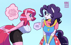 Size: 1666x1049 | Tagged: safe, artist:traupa, pinkie pie, rarity, earth pony, unicorn, anthro, g4, accessory swap, alternate hairstyle, anime style, blushing, breasts, busty pinkie pie, busty rarity, clothes, clothes swap, dialogue, duo, female, mane swap, personality swap, pinkie pie hair, rarity hair, redraw, role reversal, sudden style change
