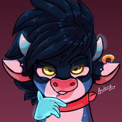 Size: 2000x2000 | Tagged: safe, artist:azulejo, oc, oc:azulejo, oc:blue bandit, bovine, ear piercing, earring, glowing, glowing eyes, glowing horn, high res, horn, jewelry, looking at you, male, piercing, profile picture, redesign, simple background
