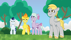 Size: 2400x1350 | Tagged: safe, artist:prixy05, derpy hooves, flitter, soarin', spitfire, pegasus, pony, g4, g5, my little pony: tell your tale, zipp's flight school, spoiler:g5, spoiler:my little pony: tell your tale, spoiler:tyts01e02, character swap, female, fire hair, g4 to g5, generation leap, male, mare, stallion