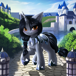 Size: 3050x3050 | Tagged: safe, artist:empress-twilight, oc, oc only, oc:akey, pony, unicorn, armor, commission, eyebrows, female, guardsmare, high res, horn, looking at you, mare, outdoors, raised hoof, royal guard, smiling, smiling at you, solo, unicorn oc, ych result