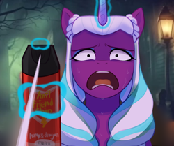 Size: 2000x1670 | Tagged: safe, artist:maren, opaline arcana, alicorn, pony, g5, bug spray, eyeshadow, female, glowing, glowing horn, horn, magic, makeup, mare, meme, open mouth, ponified meme, scared, screaming, solo, spray can, sweat