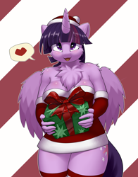 Size: 2750x3500 | Tagged: safe, artist:iloota, twilight sparkle, alicorn, anthro, g4, breasts, busty twilight sparkle, cheek fluff, chest fluff, christmas, clothes, costume, female, heart, high res, holding, holiday, looking at you, open mouth, present, santa costume, shoulder fluff, simple background, smiling, solo, speech bubble, striped background, thighs, thunder thighs, twilight sparkle (alicorn)