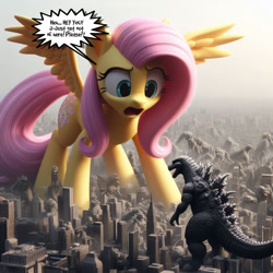 Size: 1400x1400 | Tagged: safe, ai assisted, ai content, editor:giantpony, generator:bing image creator, fluttershy, kaiju, pegasus, pony, g4, crossover, duo, female, giant pony, giantess, giantshy, godzilla, godzilla (series), height difference, larger female, macro, macro/micro, male, phraseit, scared, shocked, shocked expression, size difference, smaller male, unsure, wrong cutie mark