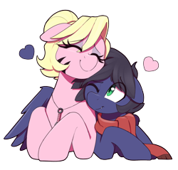 Size: 2400x2299 | Tagged: safe, artist:thebatfang, oc, oc only, oc:fenris ebonyglow, oc:kara waypoint, earth pony, pegasus, pony, clothes, eyes closed, eyeshadow, fangs, female, heart, high res, hug, jewelry, karanris, makeup, male, mare, necklace, oc x oc, one eye closed, scarf, shipping, simple background, snuggling, stallion, straight, transparent background, winghug, wings