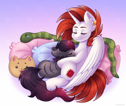 Size: 4426x3724 | Tagged: safe, artist:madelinne, oc, oc:madelinne, oc:ryoku memori, alicorn, earth pony, pony, alicorn oc, duo, earth pony oc, female, horn, hug, lying down, male, mare, pillow, plushie, sleeping, snuggling, stallion, wings