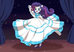 Size: 1063x752 | Tagged: safe, artist:chaosbane-greyknight, rarity, human, equestria girls, g4, alternate hairstyle, beautiful, clothes, dancing, dress, female, gown, high heels, long dress, mexican, open mouth, open smile, shoes, smiling, solo