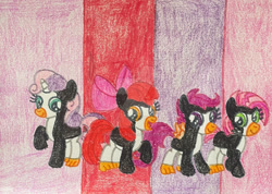 Size: 828x590 | Tagged: safe, artist:justinvaldecanas, apple bloom, babs seed, scootaloo, sweetie belle, g4, crossover, cutie mark crusaders, dreamworks, the penguins of madagascar, traditional art