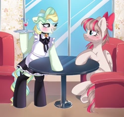 Size: 1746x1638 | Tagged: safe, artist:arllistar, angel wings, vapor trail, pegasus, pony, g4, bell, bell collar, clothes, collar, drink, drinking straw, duo, duo female, female, maid, mare, table