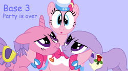 Size: 1283x720 | Tagged: safe, artist:howardthebrony38, earth pony, pony, unicorn, g4, season 1, the best night ever, :o, angry, bald, base, bow, clothes, dress, ear piercing, earring, female, flower, frown, gala dress, hat, hug, i'm at the grand galloping gala, jewelry, lavender background, mare, ms paint, narrowed eyes, o, o mouth, open mouth, piercing, purple text, ribbon, rose, scarf, simple background, smiling, stop, tack, text, trace, trio, wavy mouth