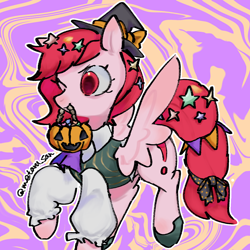 Size: 2560x2560 | Tagged: safe, artist:metaruscarlet, oc, oc only, oc:metaru scarlet, pegasus, pony, abstract background, accessory, clothes, costume, halloween, halloween costume, hat, holiday, one eye closed, pegasus oc, pumpkin, pumpkin bucket, ribbon, solo, wings, wink, witch hat