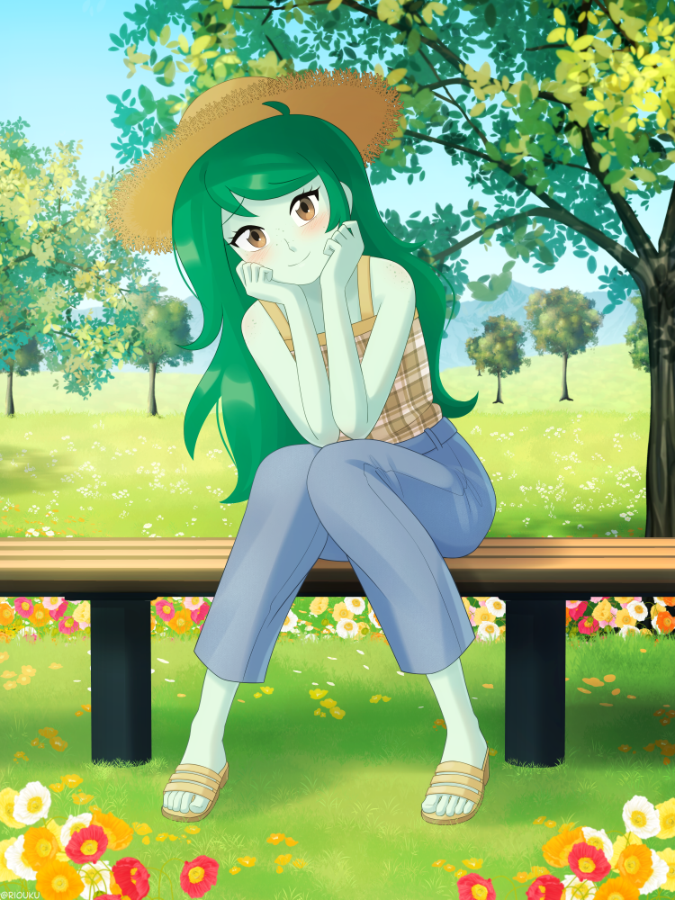[beautiful,bench,blushing,clothes,cute,equestria girls,eyebrows,feet,female,flower,freckles,g4,grass,hat,human,jeans,pants,safe,sandals,solo,tanktop,toes,tree,denim,sun hat,sleeveless,artist:riouku,smiling,bare shoulders,eyebrows visible through hair,wallflower blush,flowerbetes,wallflower and plants,equestria girls series]