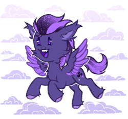 Size: 563x522 | Tagged: safe, artist:chukcha, oc, oc only, oc:shadow galaxy, pegasus, pony, chibi, cloud, commission, cute, ear fluff, female, happy, hooves, mare, open mouth, simple background, spread wings, unshorn fetlocks, wings