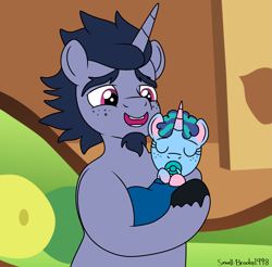 Size: 2965x2915 | Tagged: safe, artist:small-brooke1998, alphabittle blossomforth, misty brightdawn, pony, unicorn, g5, baby, baby pony, cute, daaaaaaaaaaaw, facial hair, father and child, father and daughter, female, filly, filly misty brightdawn, foal, freckles, goatee, high res, male, newborn foal, open mouth, open smile, pacifier, past, smiling, stallion, younger