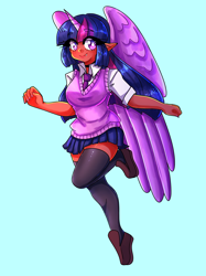Size: 2100x2801 | Tagged: safe, artist:mylittleyuri, twilight sparkle, human, g4, alicorn humanization, blue background, breasts, busty twilight sparkle, clothes, elf ears, eyebrows, eyebrows visible through hair, female, high res, horn, horned humanization, humanized, looking at you, moderate dark skin, schoolgirl, simple background, skirt, smiling, smiling at you, socks, solo, stockings, sweater vest, thigh highs, twilight sparkle (alicorn), winged humanization, wings, zettai ryouiki