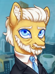 Size: 838x1128 | Tagged: safe, artist:mr.catfish, oc, oc only, earth pony, pony, eaw redux, equestria at war mod, beard, blue eyes, blurry background, business suit, bust, city, clothes, ear fluff, elderly, eyebrows, facial hair, looking at you, moustache, necktie, portrait, shirt, smiling, smiling at you, solo, white mane, wrinkles