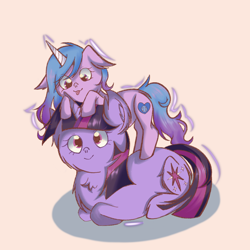 Size: 2048x2048 | Tagged: safe, artist:sumi-mlp25, izzy moonbow, twilight sparkle, pony, unicorn, g4, g5, chest fluff, digital art, duo, floppy ears, high res, lying down, ponyloaf, prone, purple mane, purple skin, simple background, tongue out, unicorn twilight