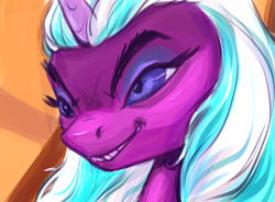 Size: 1076x790 | Tagged: safe, artist:kovoranu, opaline arcana, alicorn, pony, g5, bust, evil grin, face, female, grin, mare, medibang paint, smiling, solo