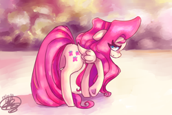 Size: 3600x2400 | Tagged: safe, artist:mannybcadavera, fluttershy, pegasus, pony, g4, aside glance, butt, female, floppy ears, flutterbutt, folded wings, high res, lidded eyes, looking at you, looking back, looking back at you, mare, plot, signature, solo, standing, underhoof, wings
