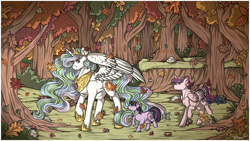 Size: 1280x720 | Tagged: safe, artist:binibean, princess cadance, princess celestia, twilight sparkle, alicorn, pony, unicorn, g4, autumn, collarbone, concave belly, falling leaves, female, filly, filly twilight sparkle, folded wings, forest, height difference, leaves, mare, nature, partially open wings, physique difference, sternocleidomastoid, teen princess cadance, tree, trio, unicorn twilight, wings, younger