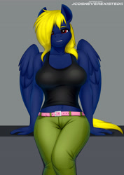 Size: 2894x4093 | Tagged: safe, alternate version, artist:jcosneverexisted, oc, oc only, oc:naveen numbers, pegasus, anthro, bedroom eyes, belly, belly button, breasts, clothes, collarbone, ed edd n eddy, female, looking at you, mare, midriff, presenting, solo, sternocleidomastoid, wings