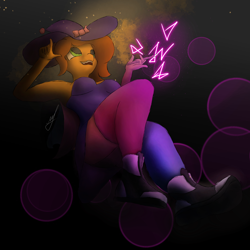 Size: 2000x2000 | Tagged: safe, artist:retro0range, oc, oc only, oc:retroorange, anthro, abstract background, clothes, digital art, hat, high res, magic, socks, solo, witch, witch hat