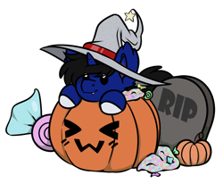 Size: 854x702 | Tagged: safe, artist:rokosmith26, oc, oc only, oc:night reader, bat pony, pony, unicorn, commission, gravestone, hat, pumpkin, simple background, solo, transparent background, witch hat, ych result