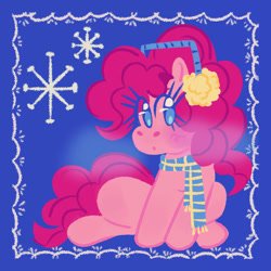 Size: 550x550 | Tagged: safe, artist:hidoodlee, pinkie pie, earth pony, pony, g4, clothes, earmuffs, female, scarf, snow, snowflake, solo, winter