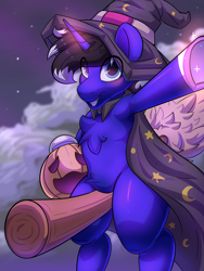 Size: 3000x4000 | Tagged: safe, artist:nanazdina, oc, oc:night reader, bat pony, pony, unicorn, belly, belly fluff, broom, chest fluff, flying, flying broomstick, halloween, hat, holiday, misleading thumbnail, not a penis, pumpkin, solo, witch hat