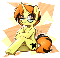 Size: 2820x2768 | Tagged: safe, artist:mitexcel, oc, oc only, oc:merille artienda, unicorn, semi-anthro, anatomically incorrect, arm hooves, brown eyes, closed mouth, cute, glasses, high res, incorrect leg anatomy, nonbinary, orange mane, orange tail, short mane, short tail, sitting, solo, tail, yellow coat