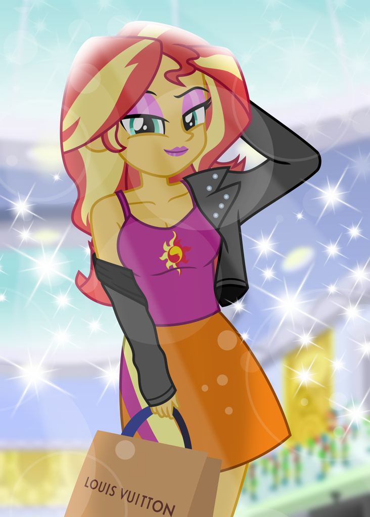 [black friday,clothes,equestria girls,eyeshadow,female,g4,holiday,human,jacket,leather,leather jacket,lipstick,makeup,safe,shirt,shopping,skirt,solo,sunset shimmer,canterlot mall,louis vuitton,smiling,artist:emeraldblast63]