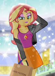 Size: 4944x6912 | Tagged: safe, artist:emeraldblast63, sunset shimmer, human, equestria girls, g4, black friday, canterlot mall, clothes, eyeshadow, female, holiday, jacket, leather, leather jacket, lipstick, louis vuitton, makeup, shirt, shopping, skirt, smiling, solo