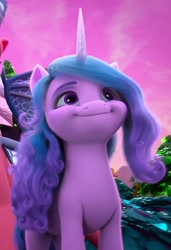 Size: 714x1042 | Tagged: safe, screencap, izzy moonbow, tumble (g5), dragon, pony, unicorn, g5, my little pony: make your mark, my little pony: make your mark chapter 6, the isle of scaly, spoiler:g5, spoiler:my little pony: make your mark chapter 6, spoiler:mymc06e01, cute, female, izzybetes, looking at something, mare, offscreen character, smiling, solo focus, the isle of scaly (location)