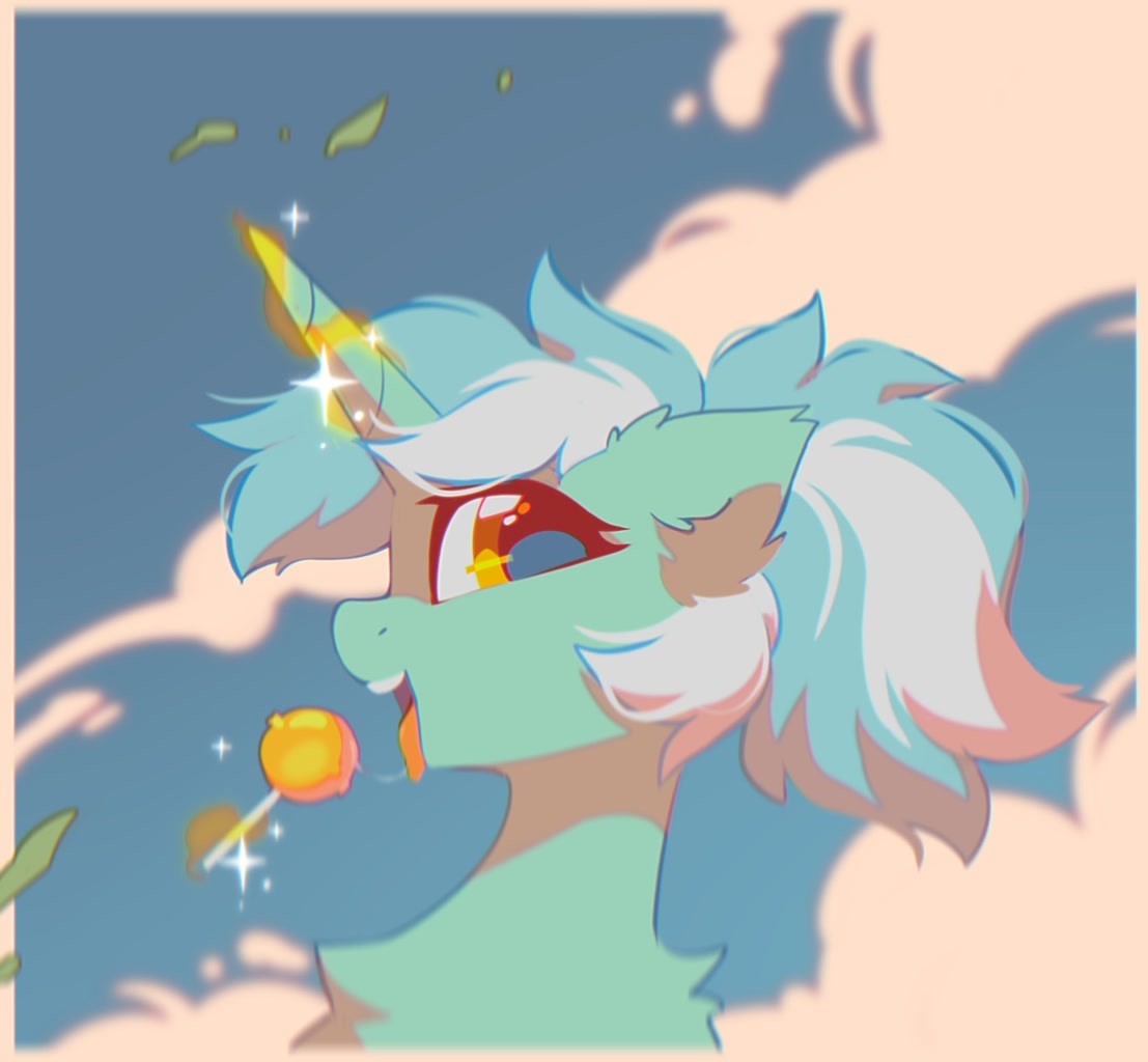 [alternate hairstyle,bust,candy,chest fluff,cloud,cute,drool,drool string,female,food,g4,glowing,glowing horn,horn,levitation,lollipop,lyra heartstrings,magic,magic aura,mare,open mouth,pony,ponytail,profile,safe,solo,sparkles,summer,telekinesis,unicorn,tongue out,lyrabetes,artist:mirtash]