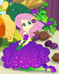 Size: 475x590 | Tagged: safe, screencap, fluttershy, rainbow dash, human, equestria girls, equestria girls specials, g4, my little pony equestria girls: better together, my little pony equestria girls: holidays unwrapped, clothes, cornucopia, cornucopia costumes, crossed arms, duo, duo female, female, gloves, grin, hat, high heels, jewelry, kneeling, looking at camera, necklace, offscreen character, shoes, smiling, solo focus