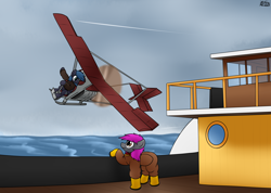 Size: 3600x2556 | Tagged: safe, artist:the-furry-railfan, oc, oc only, oc:crash dive, oc:night strike, pegasus, pony, clothes, cloud, cloudy, diving suit, flying, flying machine, galoshes, high res, jacket, ocean, overcast, paddle tug, plane, ship, tugboat, water, waving
