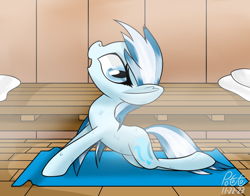 Size: 2000x1566 | Tagged: safe, artist:notadeliciouspotato, oc, oc only, oc:serene dive, earth pony, pony, female, mare, open mouth, open smile, sauna, signature, smiling, solo, steam, stretching, sweat, towel, yoga mat