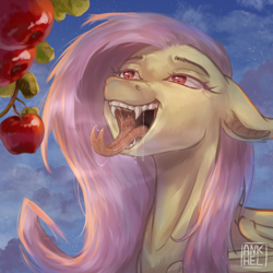 Size: 1918x1921 | Tagged: safe, artist:ankhel, fluttershy, bat pony, pegasus, pony, g4, apple, bat ponified, drool, drool string, eyebrows, eyelashes, fangs, female, floppy ears, flutterbat, food, forked tongue, heart, heart eyes, mare, mawshot, open mouth, race swap, salivating, sky, solo, stars, sternocleidomastoid, tongue out, wingding eyes, wings