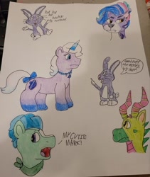 Size: 640x760 | Tagged: safe, artist:mintwhistle, allura, leaf (g5), thunder flap, twitch (g5), violet frost, aq bars, auroricorn, big cat, dragon, leopard, pegasus, pony, rabbit, snow leopard, unicorn, g1, g5, my little pony: make your mark, my little pony: make your mark chapter 6, roots of all evil, secrets of starlight, spoiler:g5, spoiler:my little pony: make your mark, spoiler:my little pony: make your mark chapter 6, spoiler:mymc06e02, spoiler:mymc06e04, alternate hairstyle, animal, antagonist, bandana, blaze (coat marking), bow, bucktooth, bust, coat markings, colored horn, dialogue, ear piercing, evil laugh, facial markings, fangs, female, frown, full body, g5 to g1, generation leap, horn, horns, implied cutie mark, implied cutie mark theft, jewelry, jumping, laughing, looking at each other, looking at someone, looking back, looking down, male, mare, missing accessory, multicolored horn, necklace, open mouth, open smile, piercing, shocked, shocked expression, smiling, speech bubble, stallion, style emulation, tail, tail bow, talking, traditional art, unamused, villainess, winged big cat