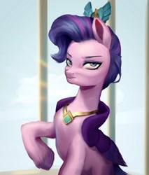 Size: 920x1080 | Tagged: safe, artist:allat18, queen haven, pegasus, pony, g5, crown, crystal, eyeshadow, female, frown, intense, jewelry, looking at you, makeup, mare, pegasus crystal, raised hoof, regalia, solo, stern, unshorn fetlocks