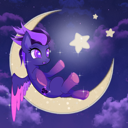 Size: 2000x2000 | Tagged: safe, artist:anthrax, oc, oc only, oc:shadow galaxy, pegasus, pony, cloud, colored hooves, commission, crescent moon, ethereal mane, fangs, female, happy, high res, mare, moon, night, open mouth, smiling, solo, starry eyes, starry mane, tangible heavenly object, unshorn fetlocks, wingding eyes