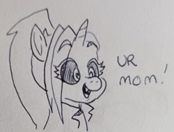 Size: 1829x1388 | Tagged: safe, artist:pony quarantine, oc, oc only, oc:dyx, alicorn, pony, bust, dialogue, eye clipping through hair, female, filly, foal, open mouth, open smile, pen drawing, smiling, solo, traditional art, your mom